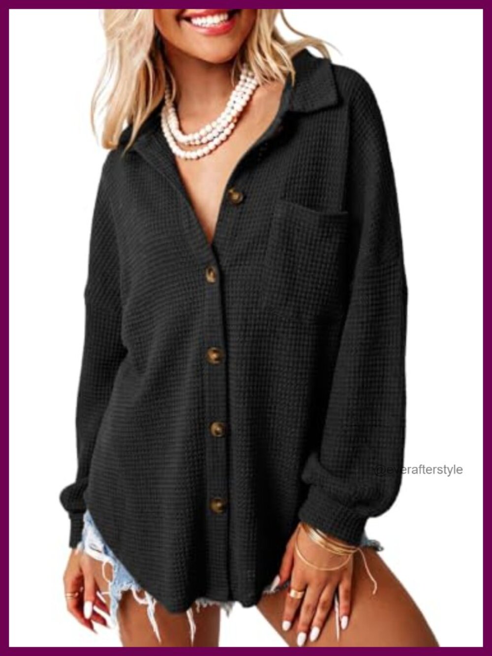 Waffle Knit Shacket Button Down Shirt Long Sleeve Loose Fit Casual Top